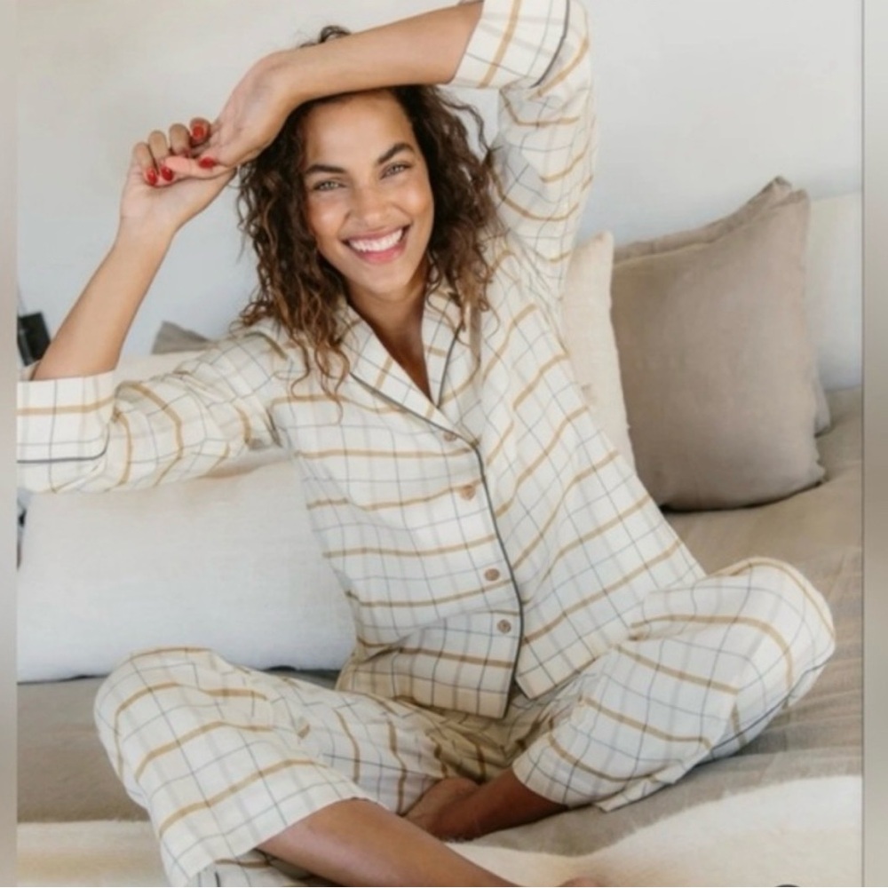 Jenni Kayne Cream and Tan Plaid 100% Cotton Button-Front Pajama Set size Small
